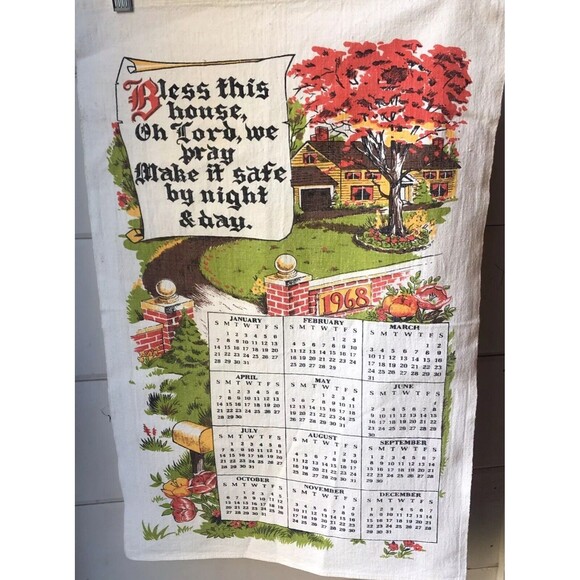Vintage 1968 Calendar Tea Towel  Kitchen Prayer Kitchen Wall Hanging Nice! - Picture 1 of 6